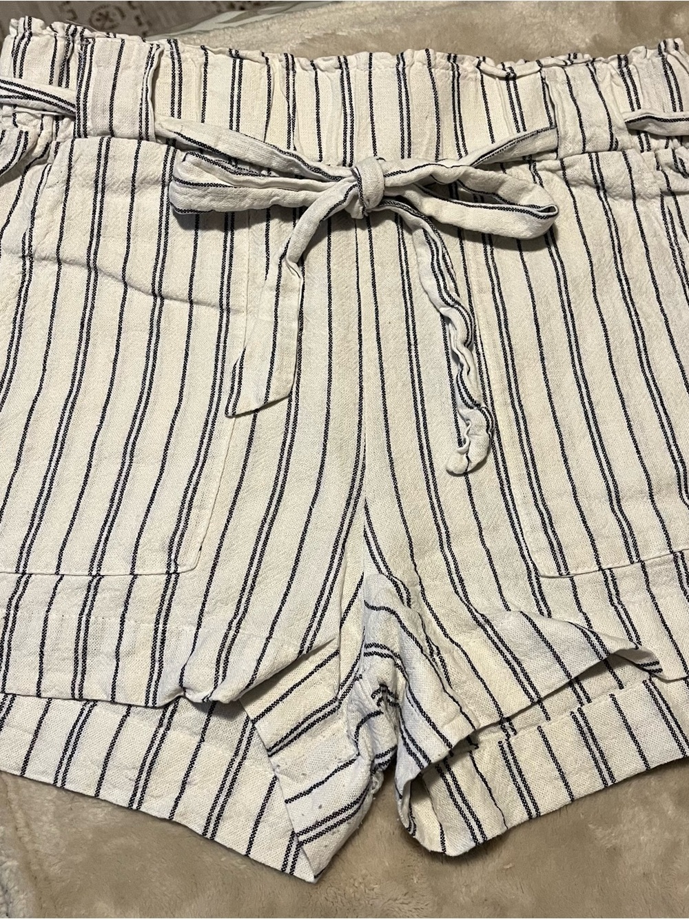 Indigo Rein White Shorts with Blue-Gray Stripes and Tie Waist